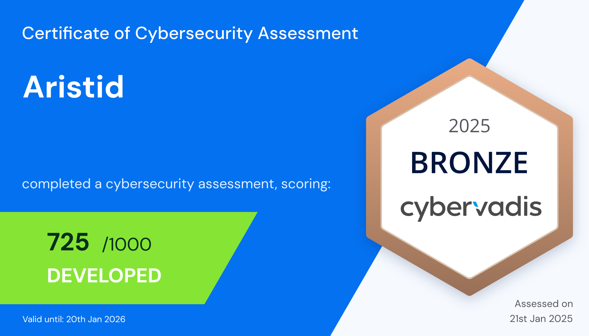 ARISTID obtient le score Bronze de 725 sur la plateforme CyberVadis